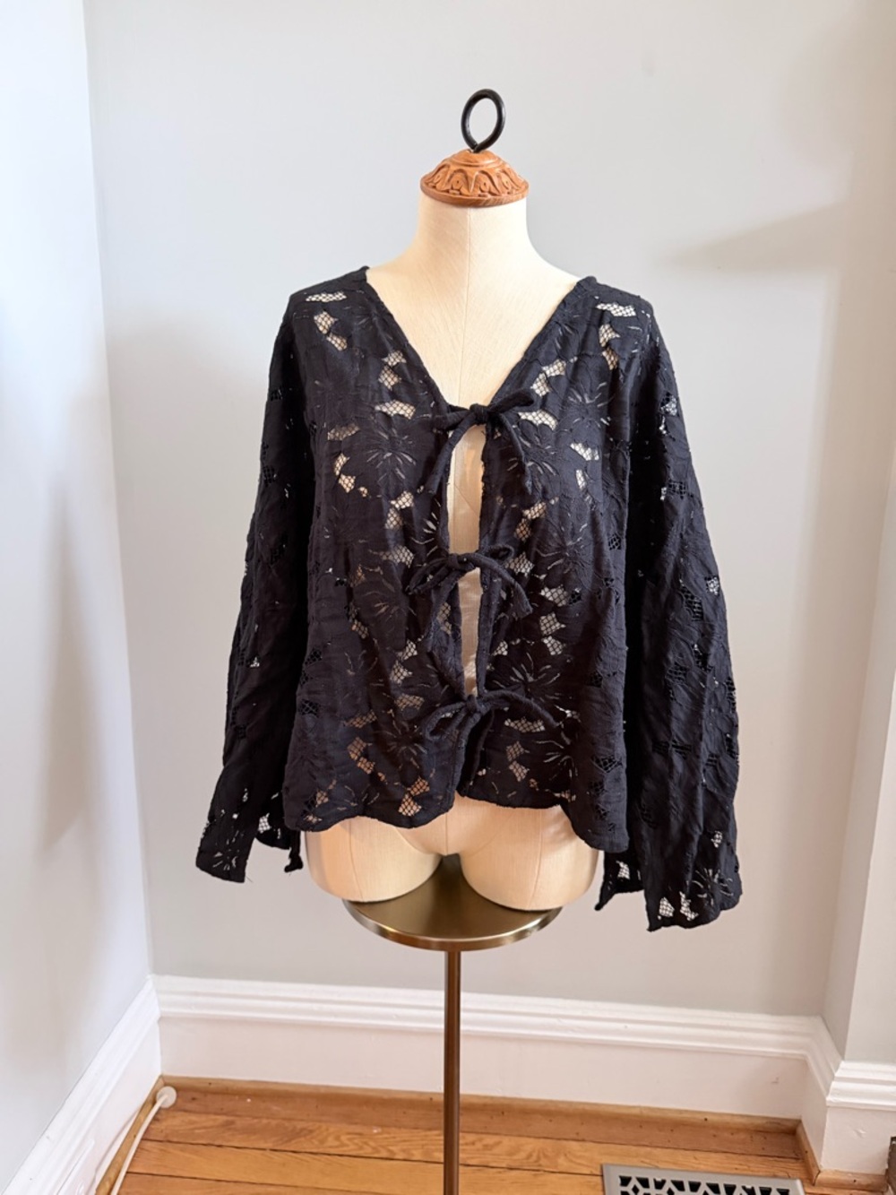Free People Black Eyelet Tie Top